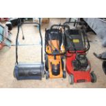 2 x garden Mowers & 1 x lawn rake, all sold as untested.