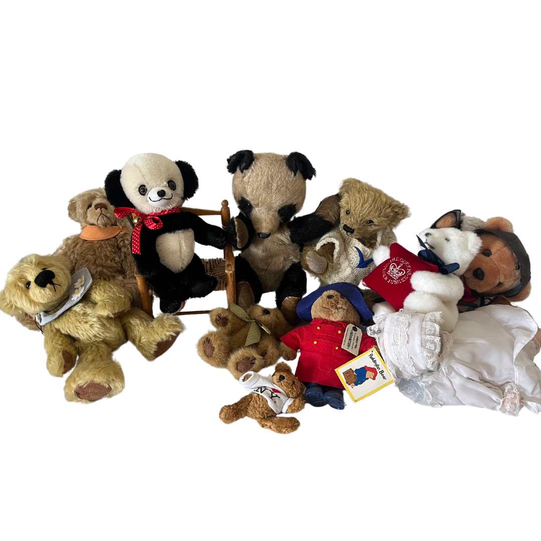 Vintage Teddy bears, to include a well-loved Chiltern 1950 (no label) 12” panda in mohair with - Image 2 of 16