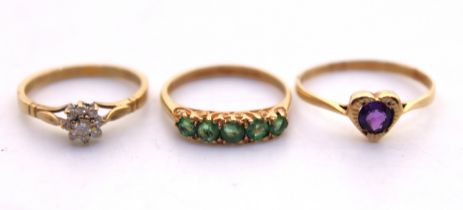 Selection of three 9ct Gold Dress Rings.  To include a 9ct White Sapphire Cluster Ring- Ring size