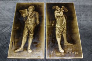 A pair of tiles moulded in relief with characters from Dickens, 30cm x 15cm