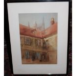 DSC 16th century building with church tower beyond, initialled, watercolour, 39cm x 26cm