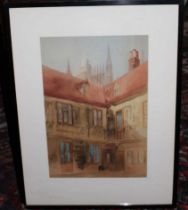DSC 16th century building with church tower beyond, initialled, watercolour, 39cm x 26cm