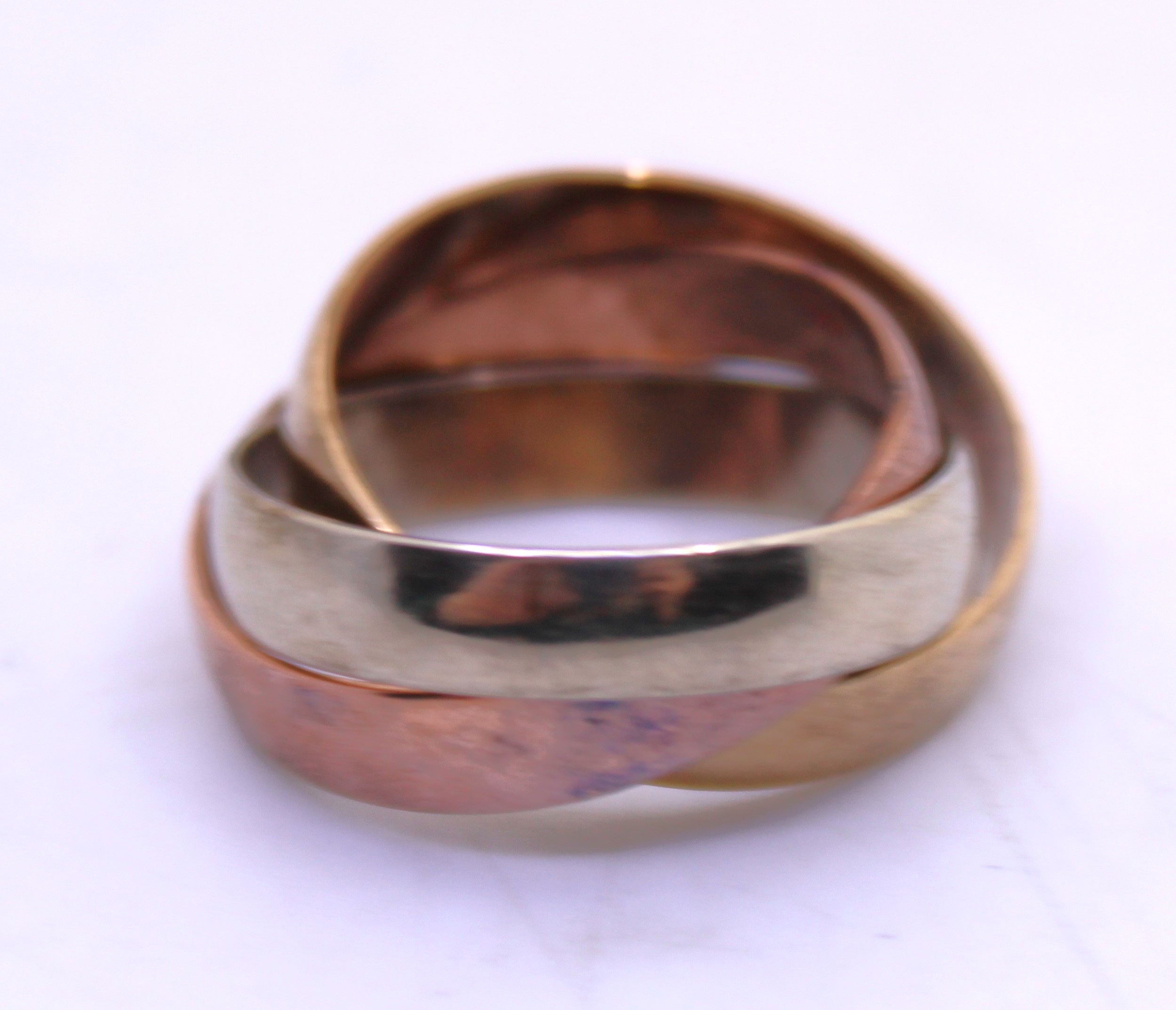 Tri-Coloured 9ct Gold Puzzle Ring.  Consists of a 9ct Rose Gold Band, 9ct Yellow Gold Band and 9ct - Image 2 of 2