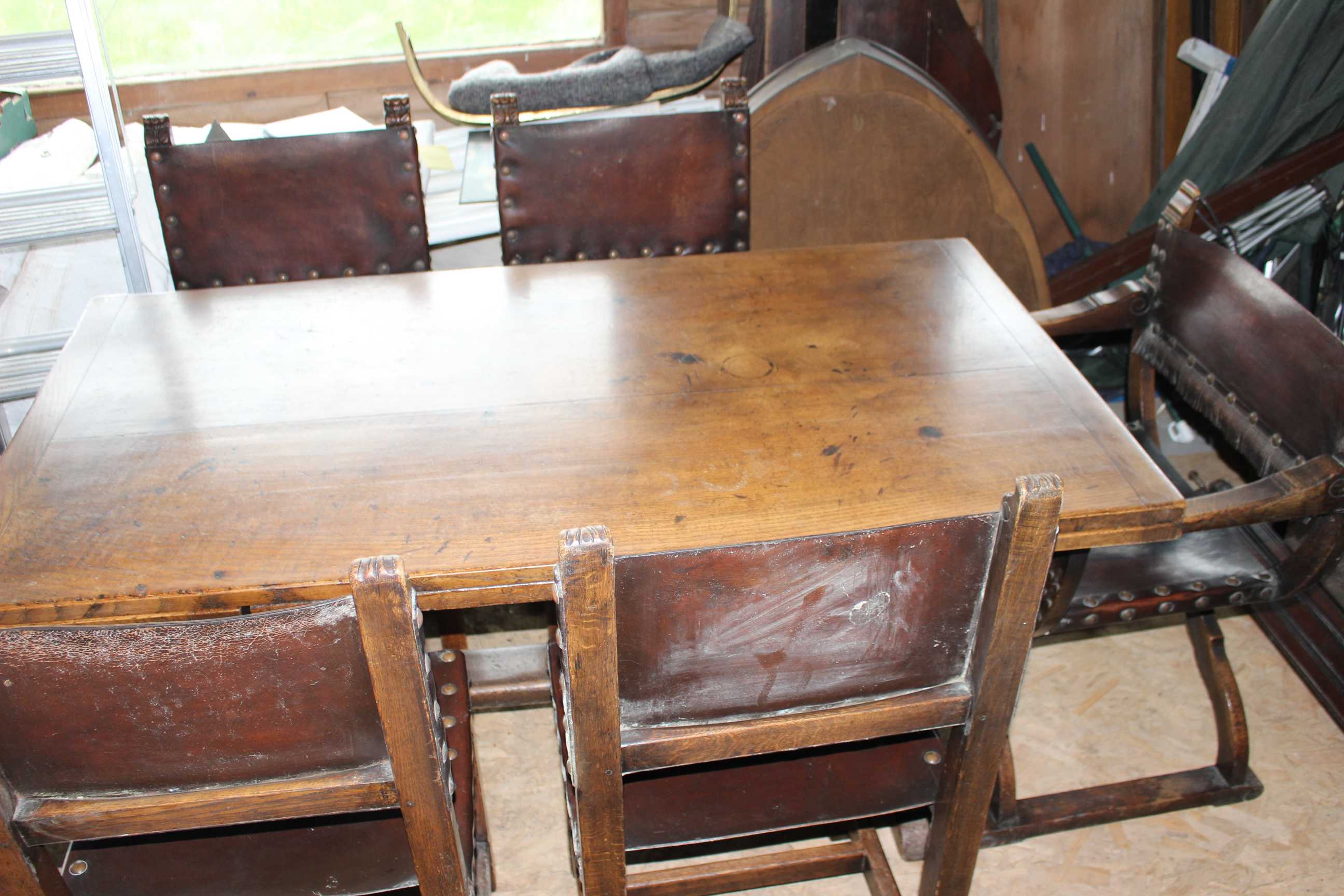 A 1930s oak dining room draw leaf table. Complete with 4 x leather seated chairs and 1 x arts and - Image 9 of 9