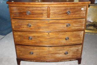 A Victorian mahogany and inlaid bow fronted 2 over 3 chest of drawers. 100cm wide. (1)