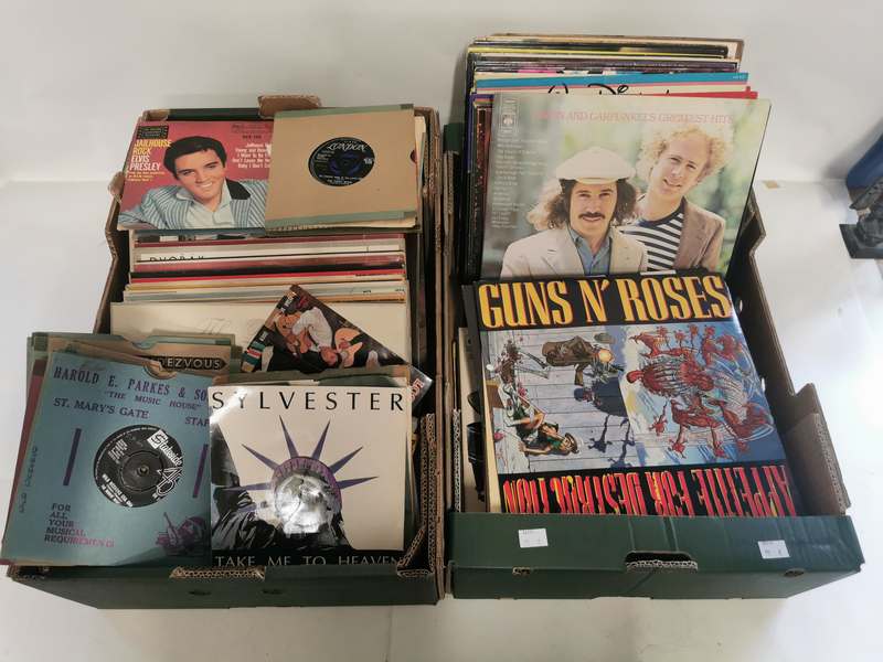 2 boxes of vintage records to include records by; Blondie, Guns & Roses, Simon And Garfunkel and