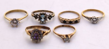 Selection of Six 9ct Gold Dress Rings with Cubic Zirconia Stones.  The Ring Sizes are J 1/2, L, N, M