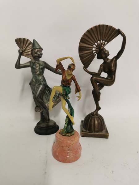 x3 Art Deco style figures, one bronze, one cast iron and one painted lead raised on a marble