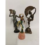 x3 Art Deco style figures, one bronze, one cast iron and one painted lead raised on a marble