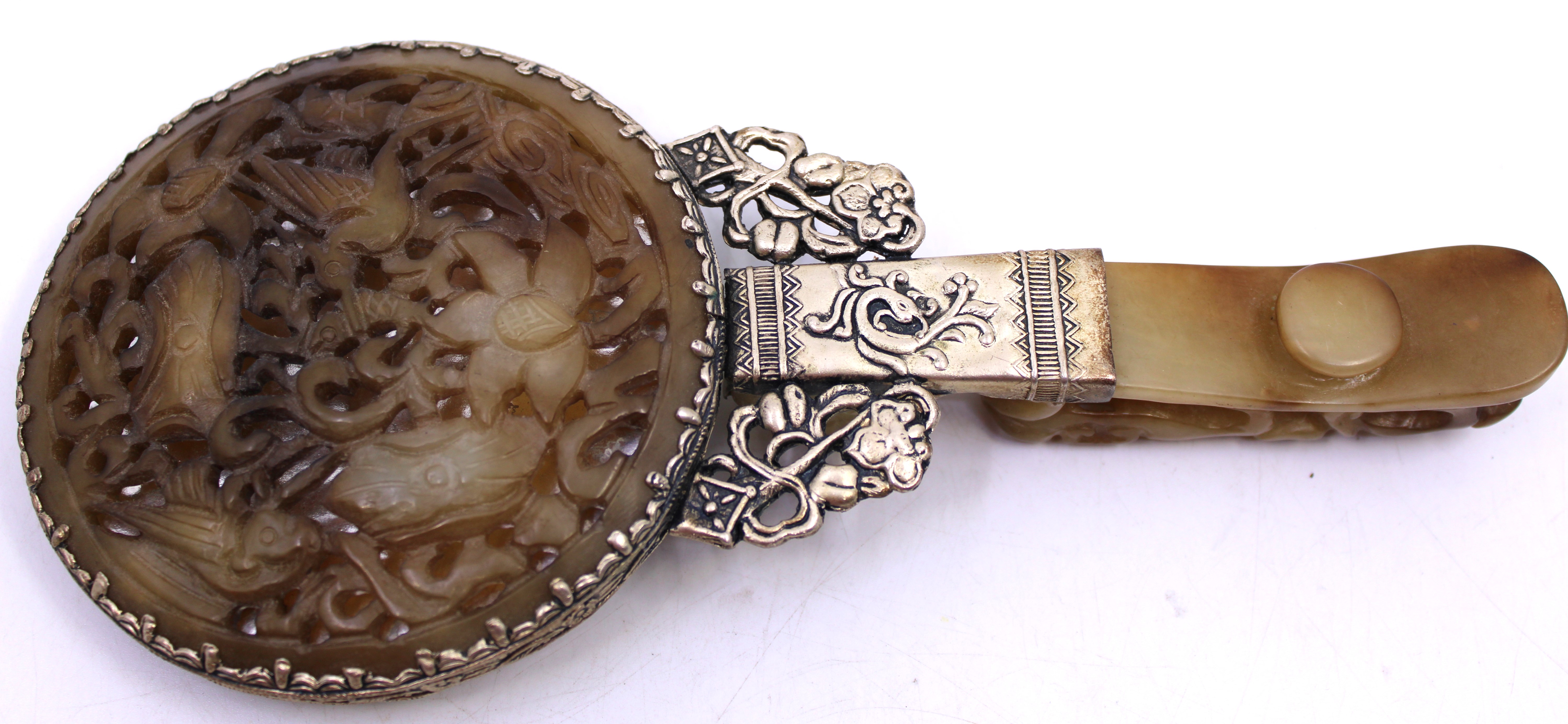 Chinese Oriental Jade Handled Dragon Hand Mirror Boxed and a Japanese Komai Style Damascene - Image 2 of 6