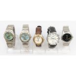 Selection of five watches.  To include a PeersHardy quartz watch with a brown leather strap, a