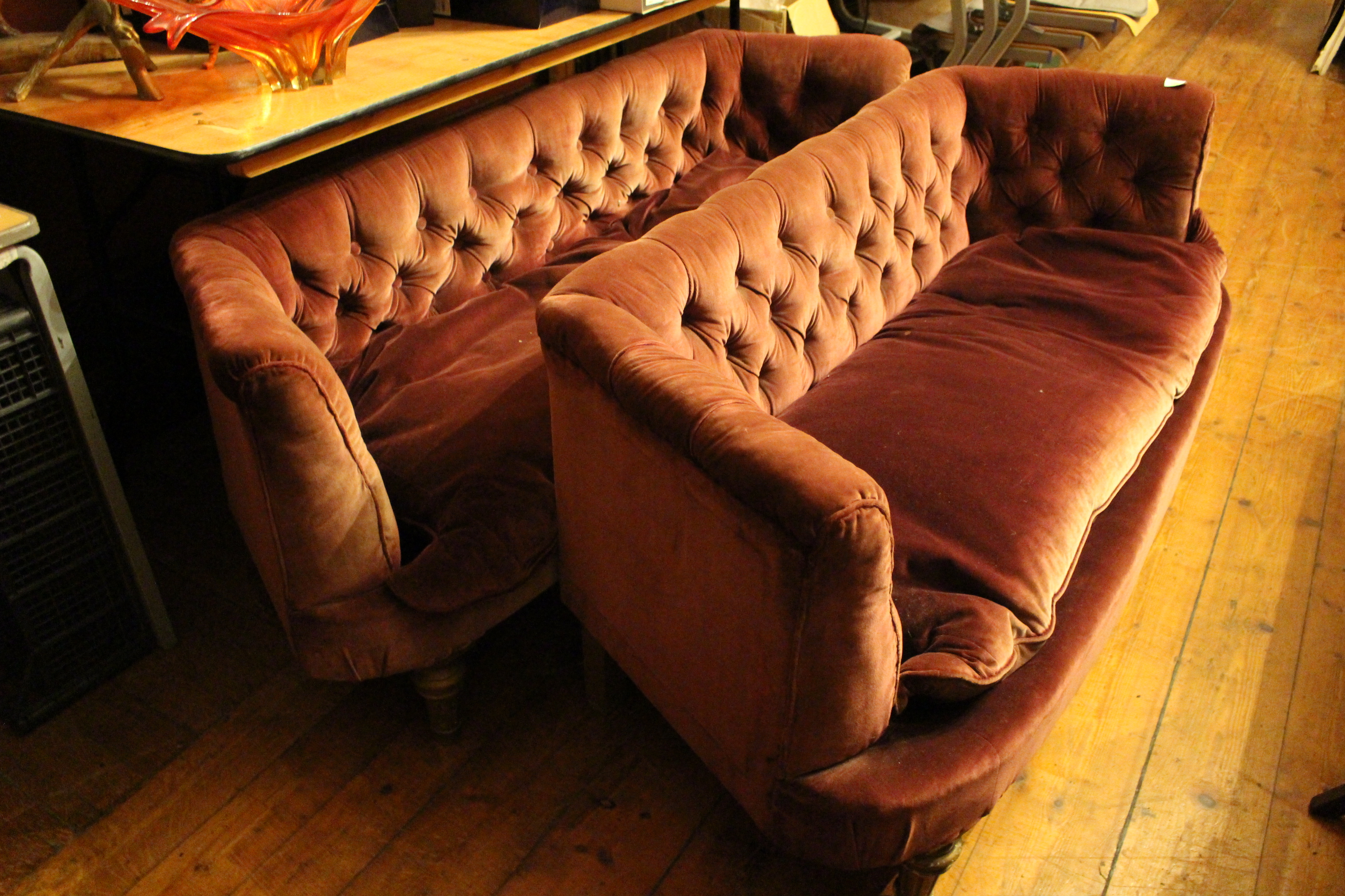 A pair of plum salon boudoir sofas. Deep plum with some sun bleaching to fronts. Plump feather seat - Image 2 of 2