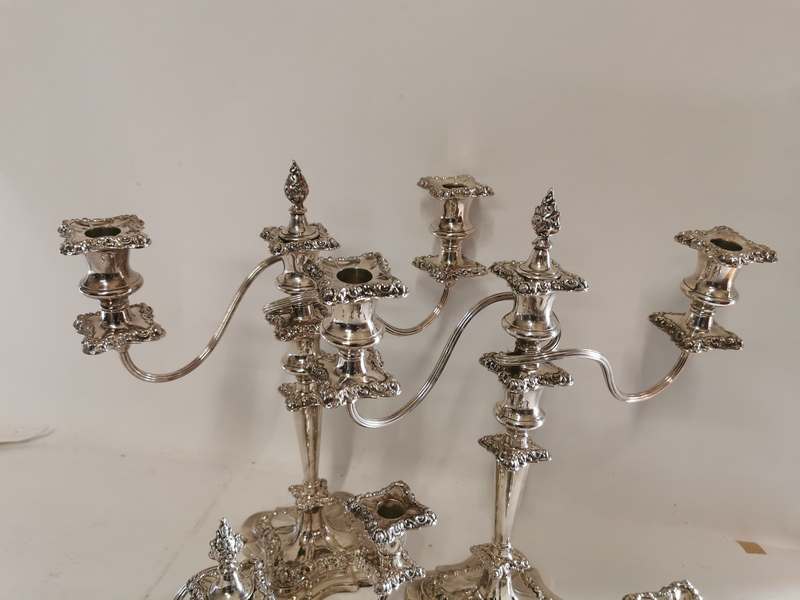 A pair of two branch Sheffield plated candelabra, approximately 14'' high. Together with a shorter - Image 3 of 3