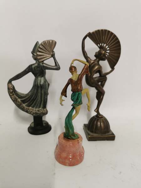 x3 Art Deco style figures, one bronze, one cast iron and one painted lead raised on a marble - Image 2 of 2