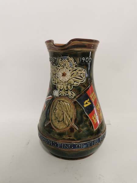 A Doulton Lambeth stoneware commemorative jug, June 5th 1900 in commemoration of the hoisting of the