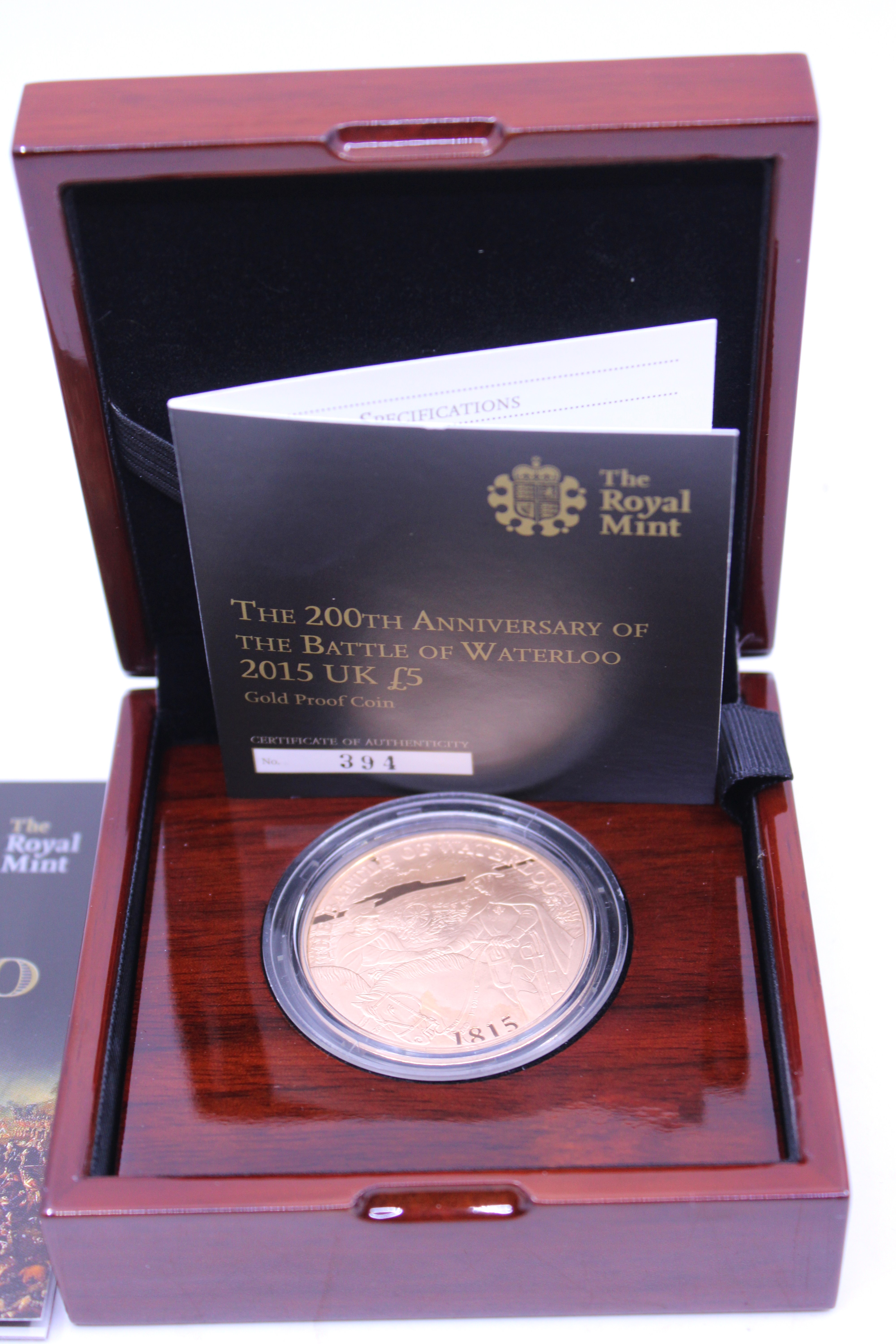 The Royal Mint The 200th Anniversary of the Battle of Waterloo 2015 UK £5 Gold Proof Coin. Boxed