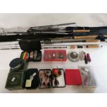 A collection of vintage fly fishing equipment to include; flys, spinners, pocket knives, 2 centre