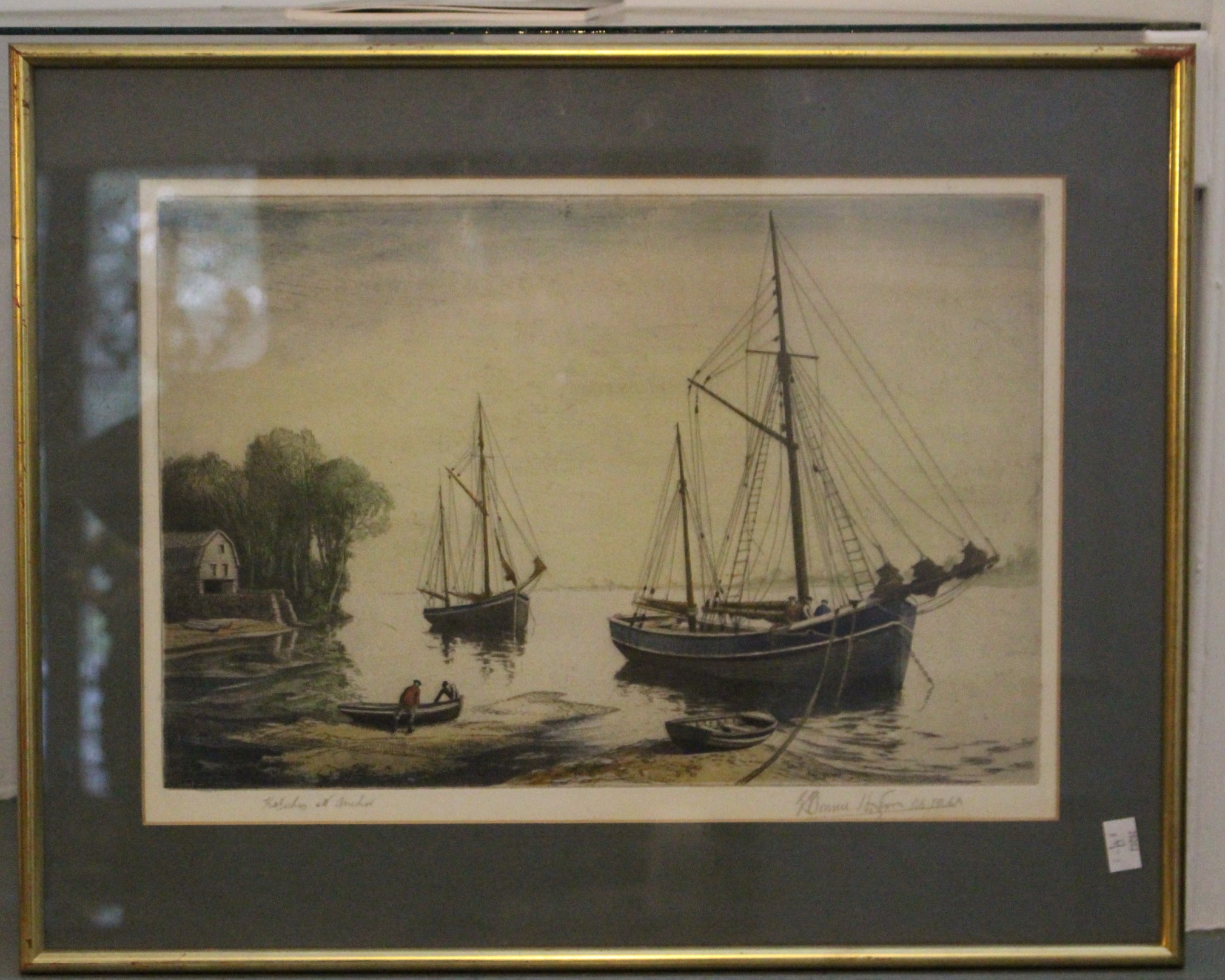 Coloured etching "Ketches at anchor", the margin signed indistinctly, 29.5cm x 44cm