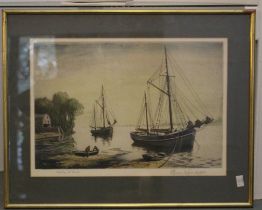 Coloured etching "Ketches at anchor", the margin signed indistinctly, 29.5cm x 44cm