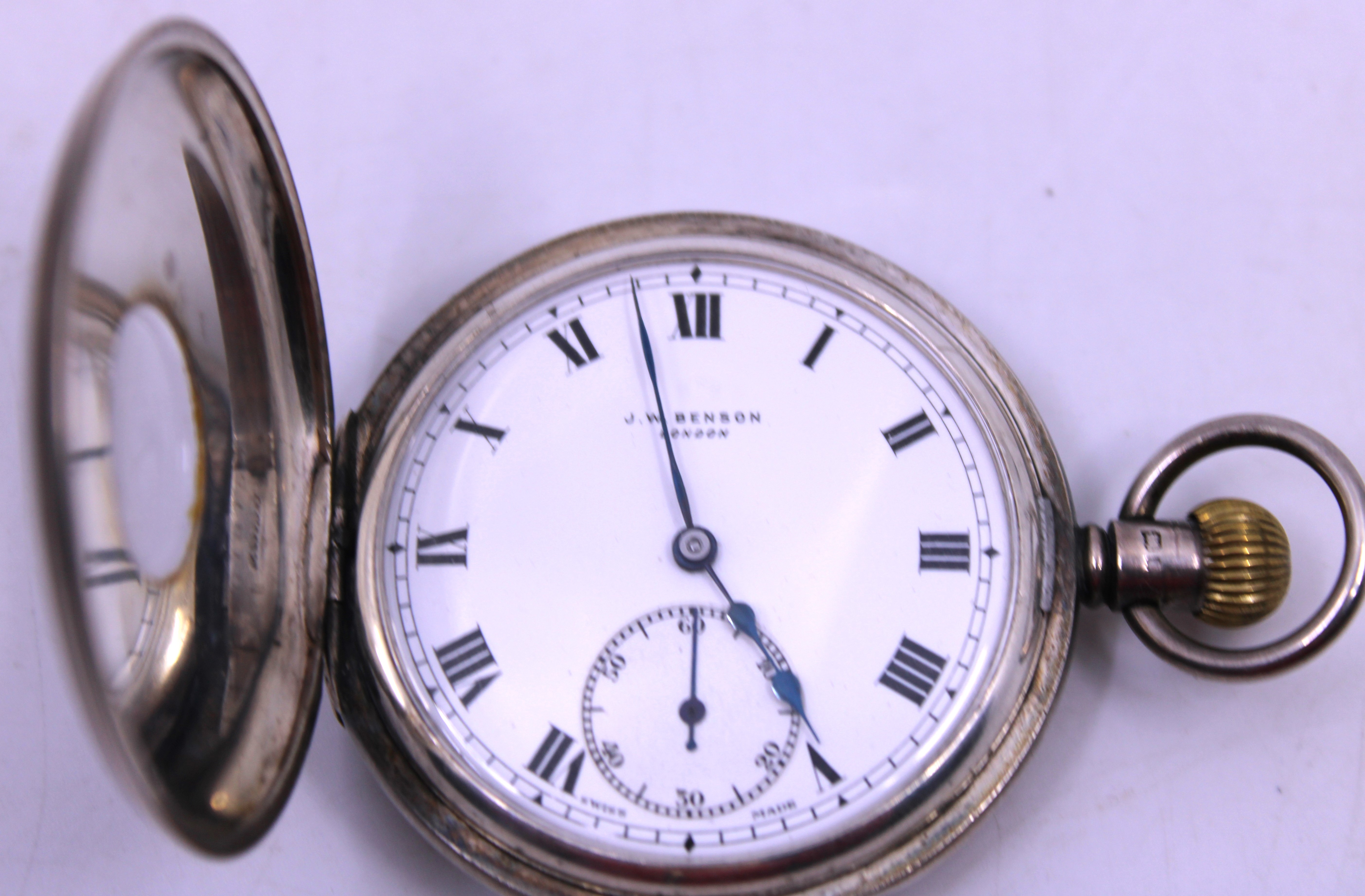 J.W. Benson London Sterling Silver Half Hunter Pocket Watch in original box.  The Pocket Watch - Image 3 of 5