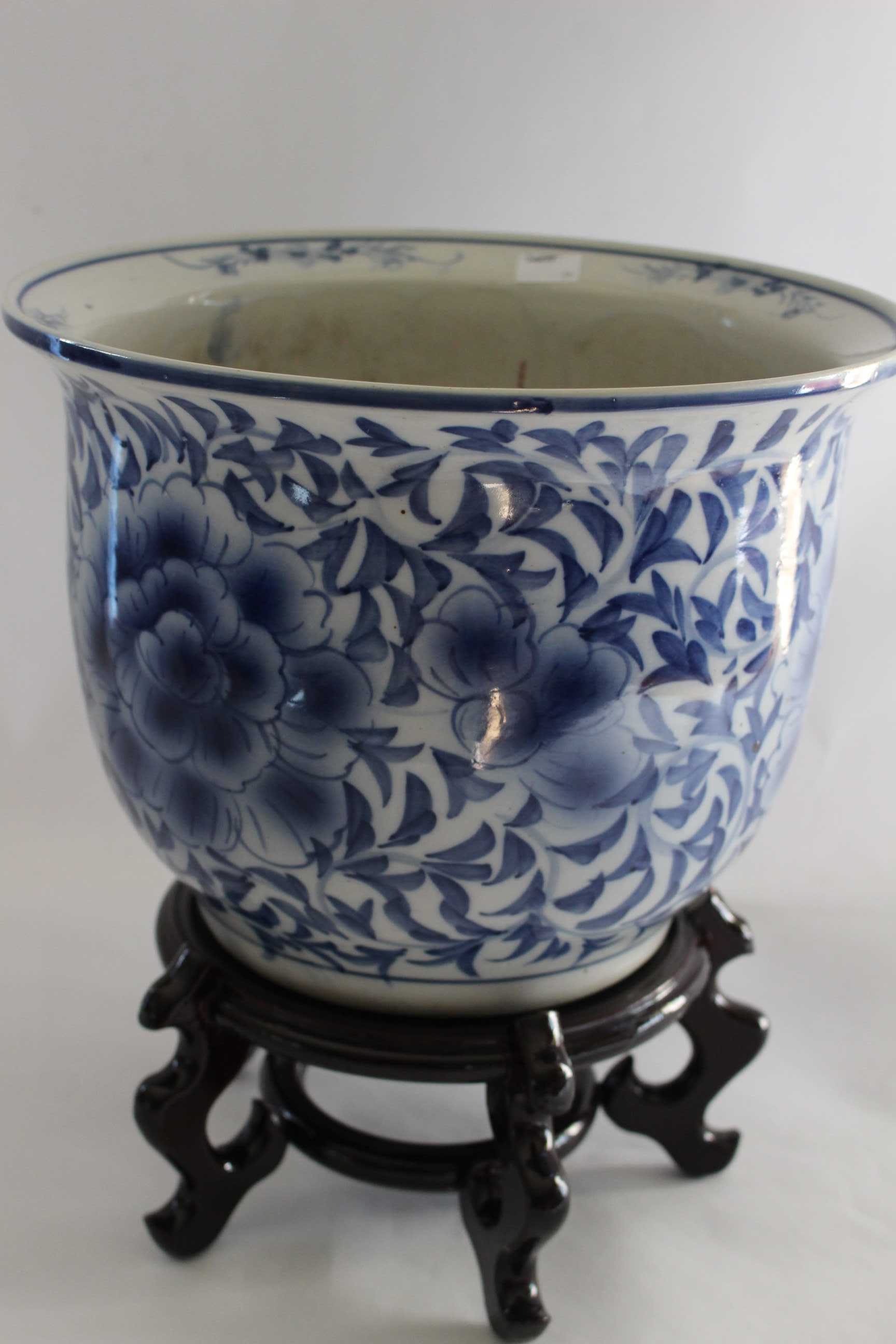 Two Chinese Hand painted Blue and White porcelain Jardinière and stand. Circa 1900. - Image 2 of 8