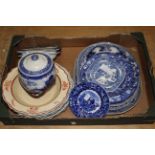 A quantity of blue and white meat dishes, a biscuit barrel, three plates and two soup bowls in plaid