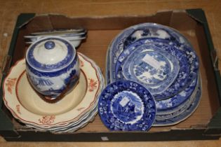 A quantity of blue and white meat dishes, a biscuit barrel, three plates and two soup bowls in plaid