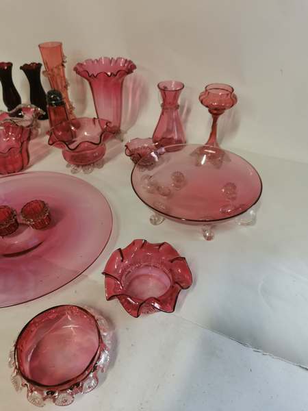 A collection of Victorian and later cranberry glass items, to include; vases, dishes, salts etc.  ( - Image 3 of 3