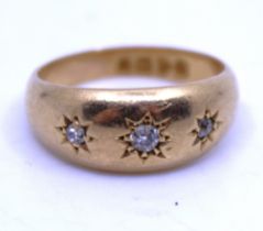 18ct Yellow Gold Three Stone Old European Cut Diamond Ring.  The centre Old European Cut measures