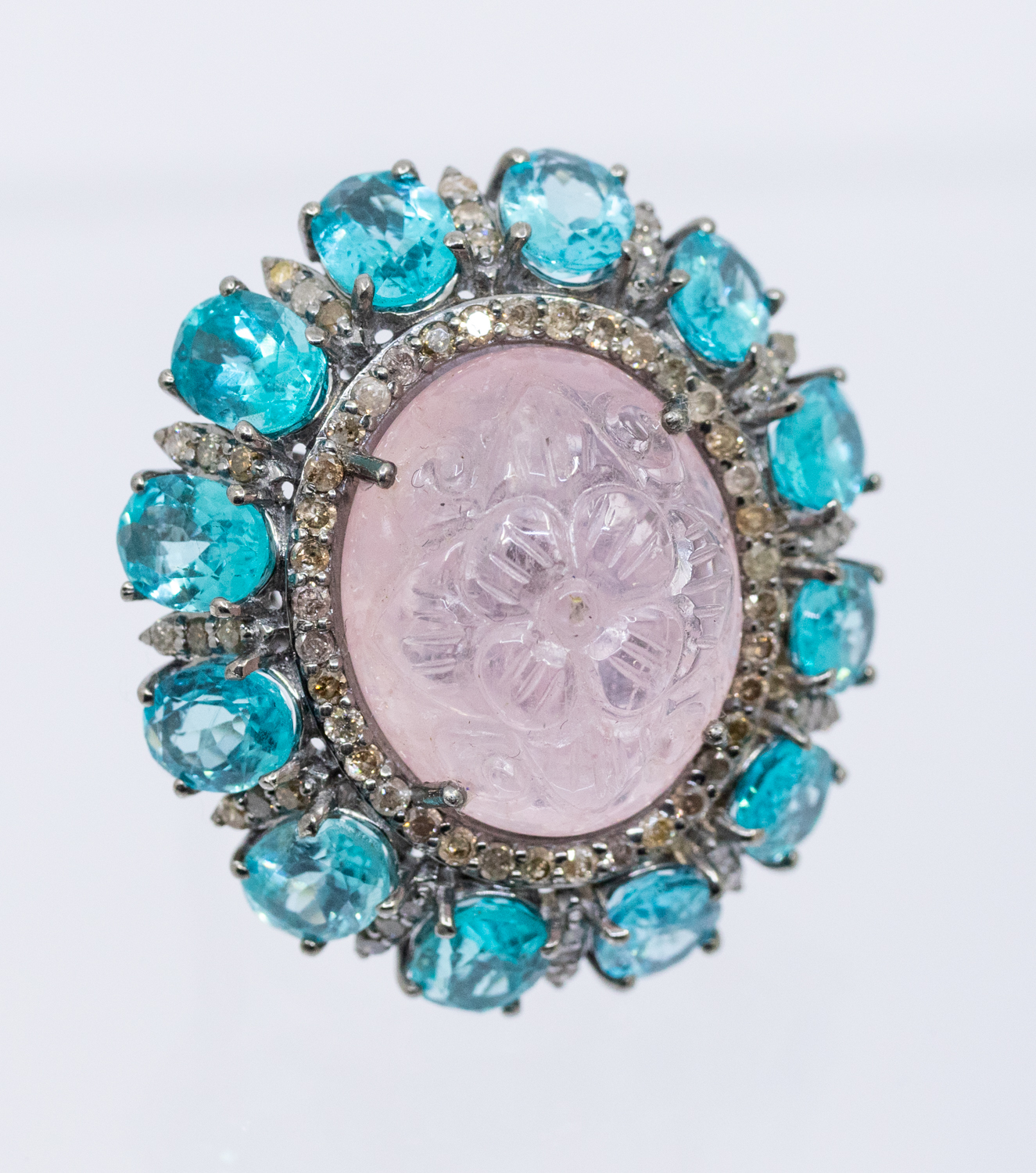 A large morganite and apatite diamond set silver dress ring, comprising an oval cabochon morganite - Image 2 of 5