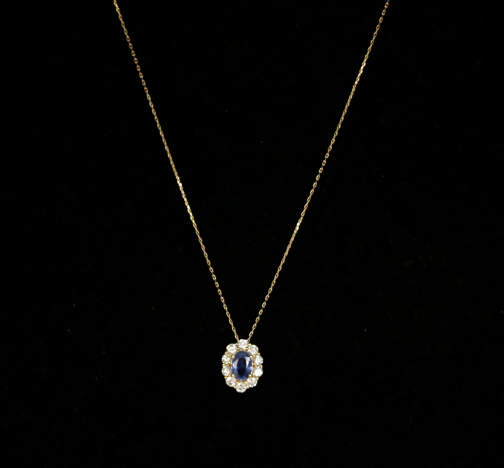 An oval sapphire and diamond 18ct gold halo pendant, the central sapphire weighing approx  0.55ct,