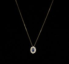 An oval sapphire and diamond 18ct gold halo pendant, the central sapphire weighing approx  0.55ct,