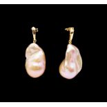 A pair of baroque pearl and 18ct yellow gold drop earrings, length approx 35mm, post and scroll