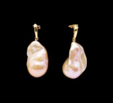 A pair of baroque pearl and 18ct yellow gold drop earrings, length approx 35mm, post and scroll