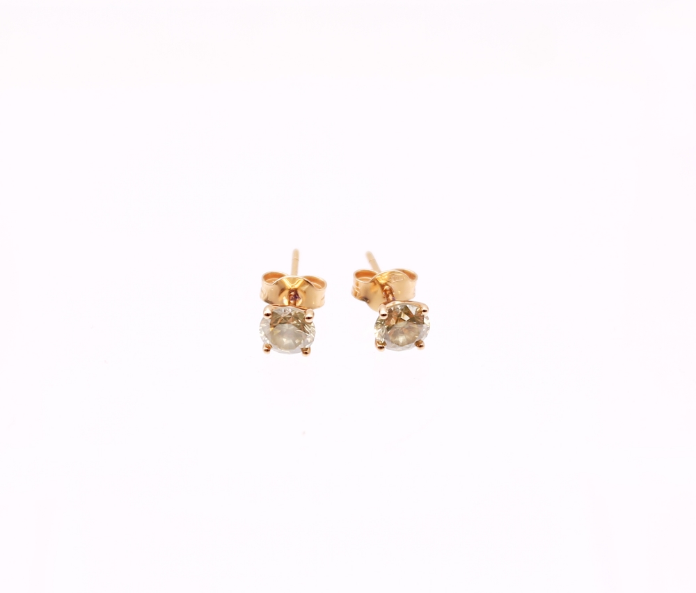 A pair of fancy brown diamond and 18ct rose gold stud earrings, four claw setting, scroll