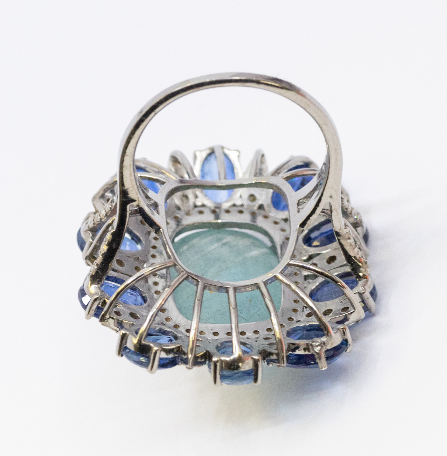 A large aquamarine, kyanite and diamond set white gold cocktail ring, comprising a central cushion - Image 4 of 4