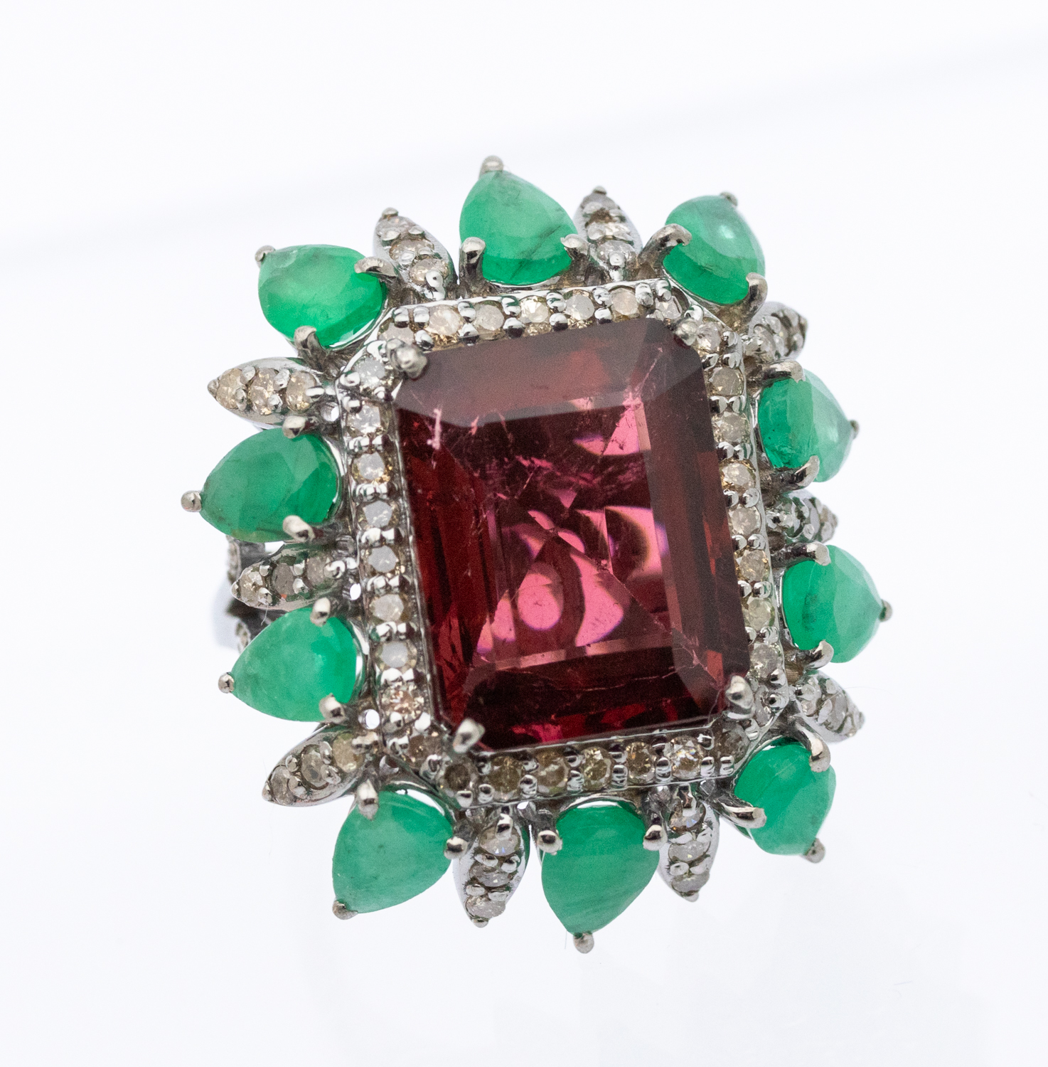 A large tourmaline, emerald and diamond set silver dress ring, comprising a rectangular step-cut - Image 2 of 4