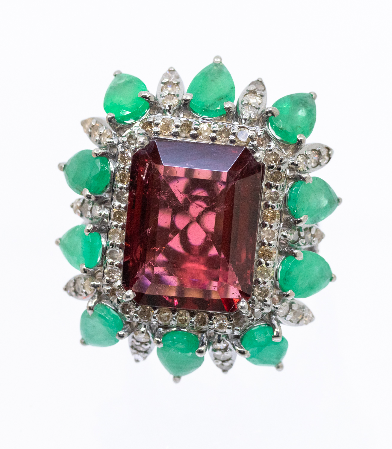 A large tourmaline, emerald and diamond set silver dress ring, comprising a rectangular step-cut - Image 3 of 4