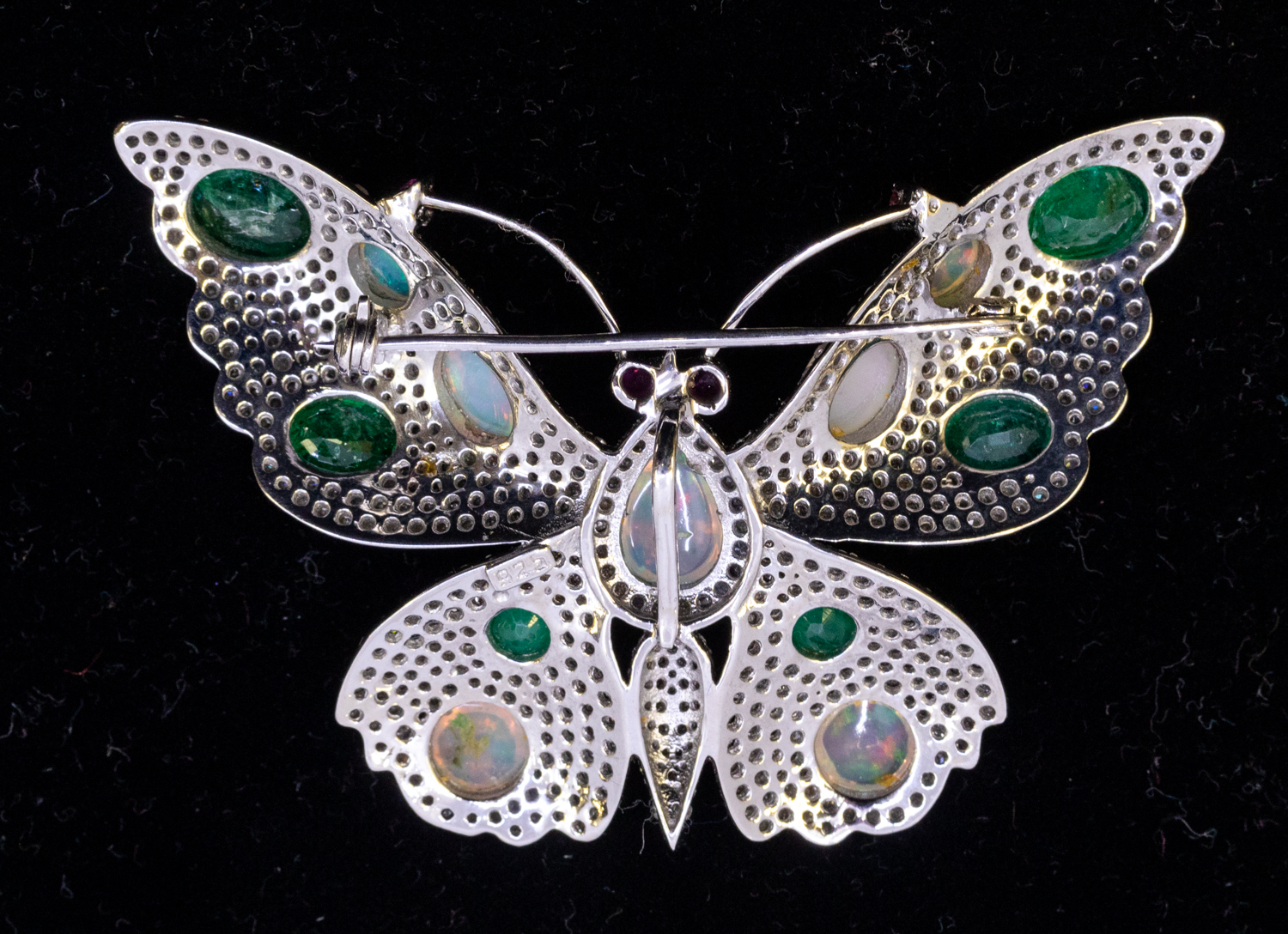 An Art Nouveau style opal, diamond, emerald and ruby silver pendant/brooch and pendant in silver, - Image 3 of 3