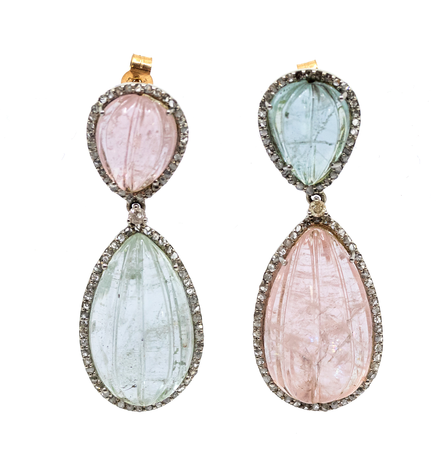 A pair of large aquamarine and morganite white metal drop earrings, comprising carved pear shaped - Image 2 of 2