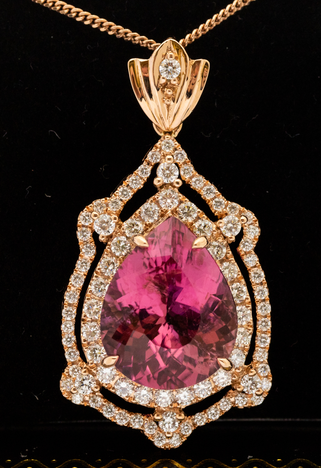 A large tourmaline and diamond 18ct rose gold pendant, comprising a pear-cut pink tourmaline, size - Image 3 of 3