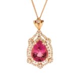 A large tourmaline and diamond 18ct rose gold pendant, comprising a pear-cut pink tourmaline, size