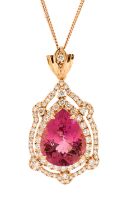 A large tourmaline and diamond 18ct rose gold pendant, comprising a pear-cut pink tourmaline, size