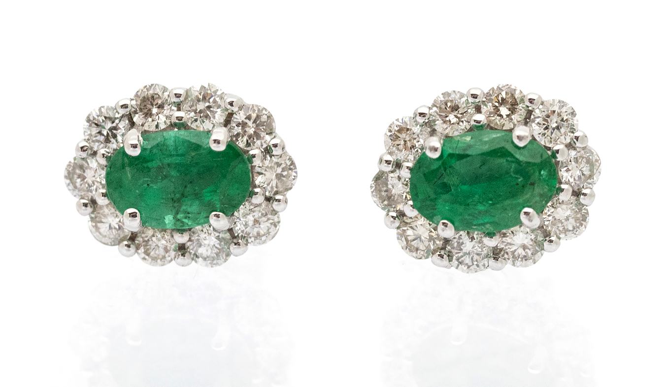 A pair of emerald and diamond 18ct white gold cluster studs, set with oval emeralds, total weight - Image 2 of 2