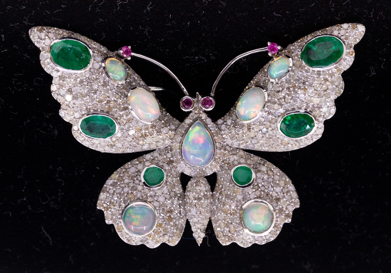 An Art Nouveau style opal, diamond, emerald and ruby silver pendant/brooch and pendant in silver, - Image 2 of 3