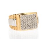A gents diamond set 9ct gold dress ring, comprising a square white gold mount set with round