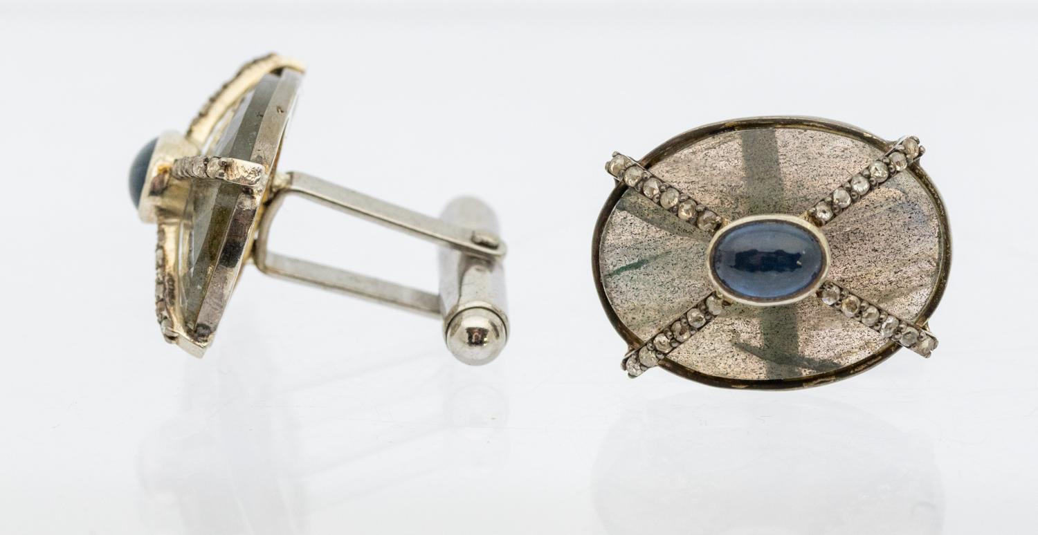 A pair of oval labradorite, sapphire and diamond silver cufflinks, comprising an oval labradorite - Image 2 of 2