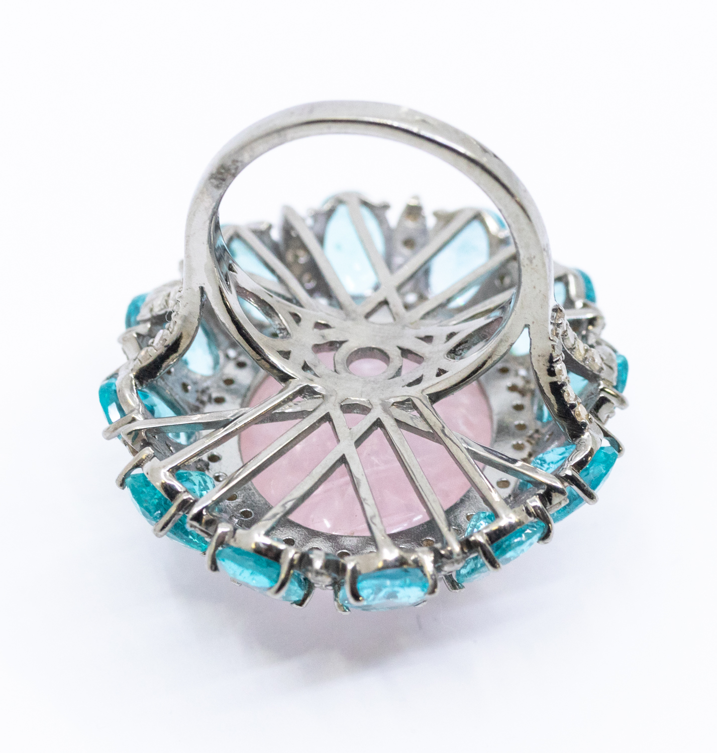 A large morganite and apatite diamond set silver dress ring, comprising an oval cabochon morganite - Image 3 of 5
