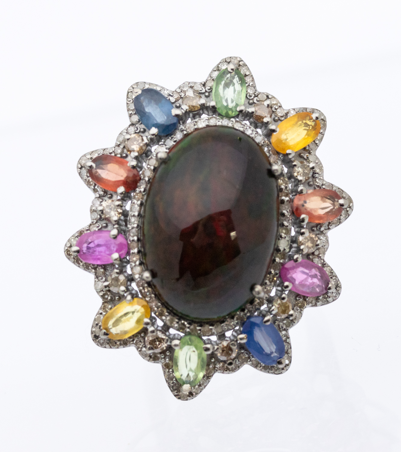 A large opal, coloured sapphire and diamond set silver dress ring, comprising a black oval galaxy - Bild 2 aus 3