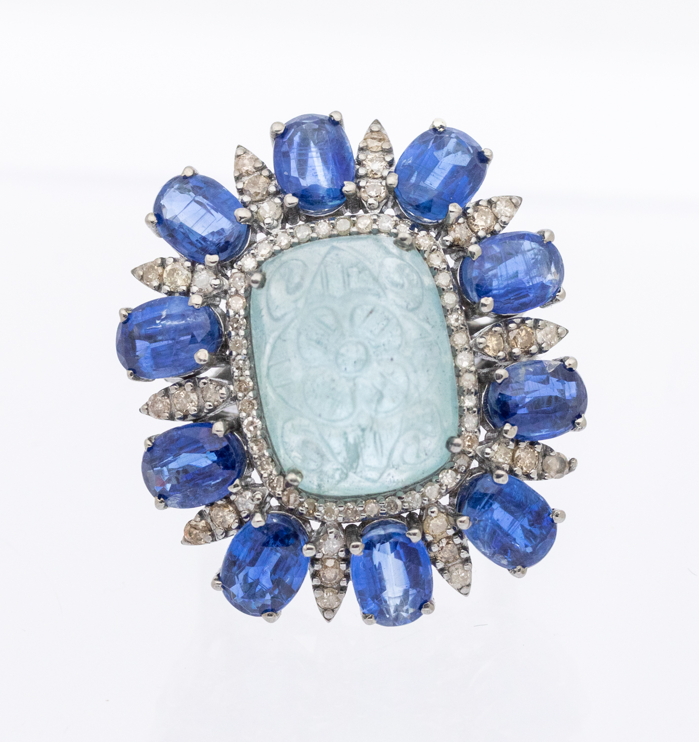 A large aquamarine, kyanite and diamond set white gold cocktail ring, comprising a central cushion - Image 2 of 4